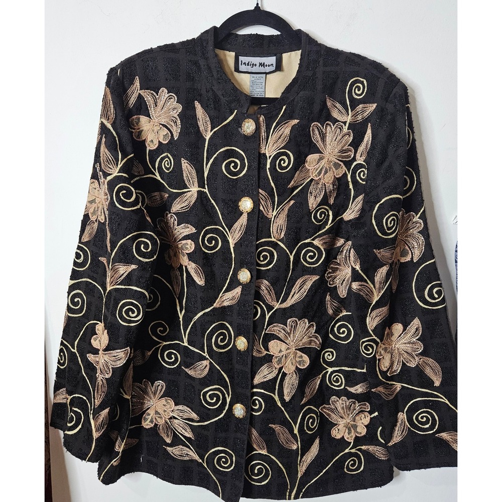 Indigo Moon Grandmacore Womens  Black Gold Floral Embroidered Button Jacket L